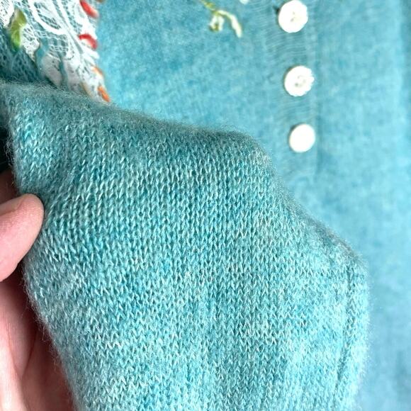 FREE PEOPLE Y2K Women’s Embroidered Lace Trim Blue Wool Henley Sweater - Picture 3 of 5